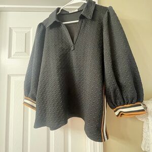 Entro Black Textured Boutique Pullover with Striped Sleeves